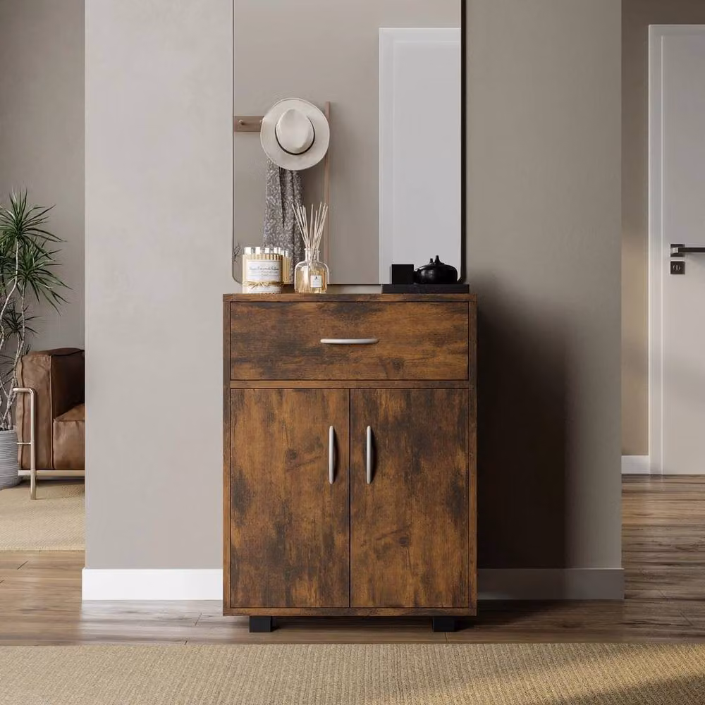 PAWNORA Rustic Brown Wooden Storage Cabinet with Doors, Drawers and Internal Shelves – 4