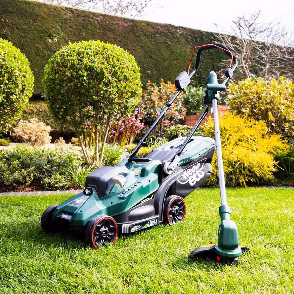 Webb 20V Cordless Lawnmower and Strimmer Starter Kit in Green with 4Ah Rechargeable Battery and Charger – 6