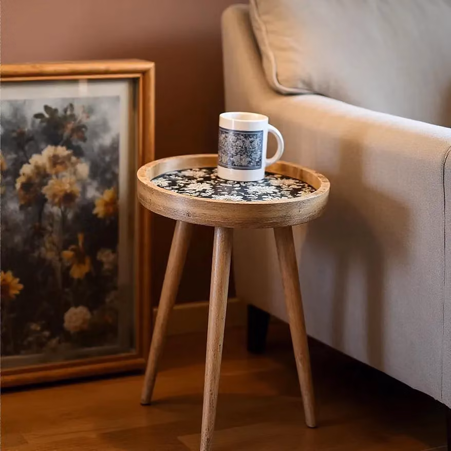 Hartsmede Handmade Round Side Table in Black Solid Mango Wood with French Paisley Design and Detachable Legs – 6