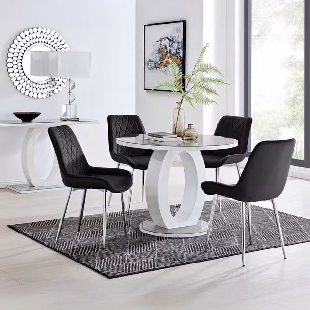 FurnitureboxUK Giovani Round Grey Glass Dining Table with 4 Black Pesaro Silver Leg Chairs, Diameter: 120 cm