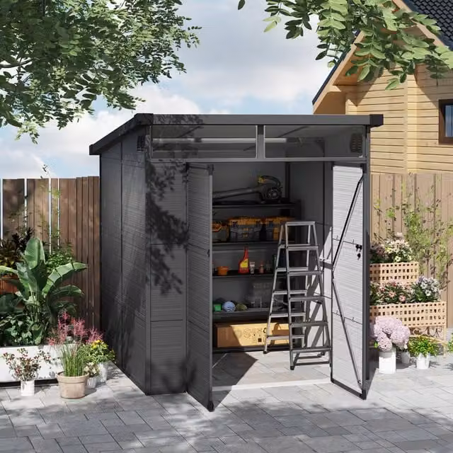 Outsunny Anthracite Grey Plastic Pent Shed with Windows and Side Vents, W/D/H: 182.88 x 200 x 216 cm