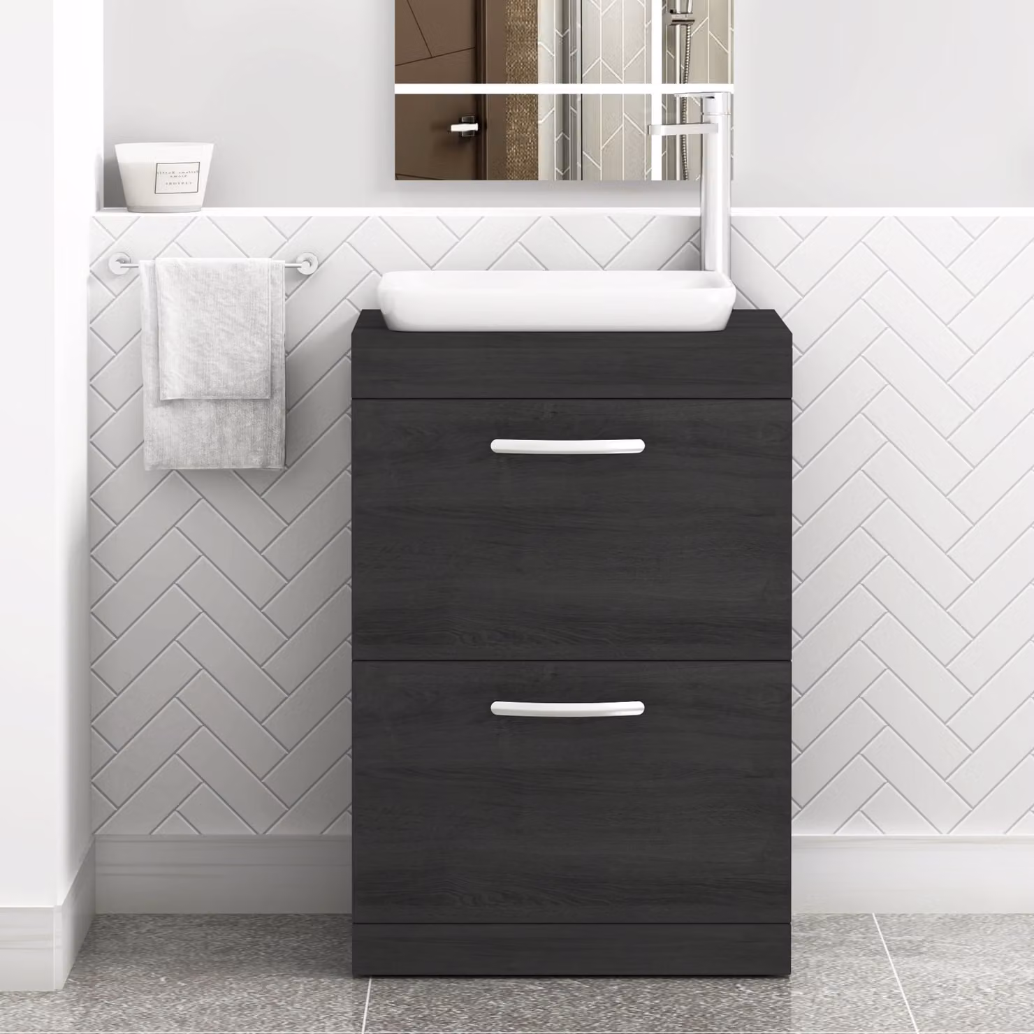 Royal Bathrooms Turin 800mm Floor Standing 2 Drawer Vanity Unit in Matt Black with Countertop Basin
