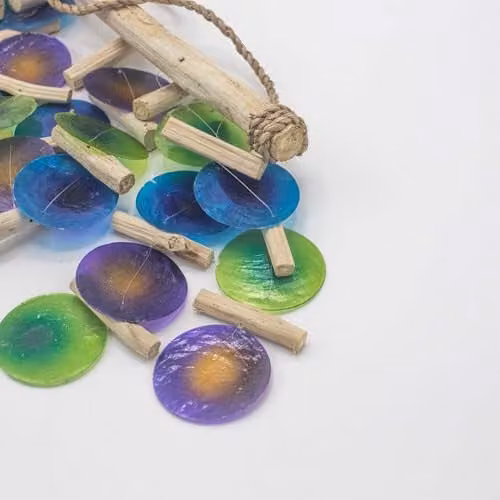 Ancient Wisdom KDMD Green and Purple Driftwood Hanging Chime with Glass and Wood Details – 4