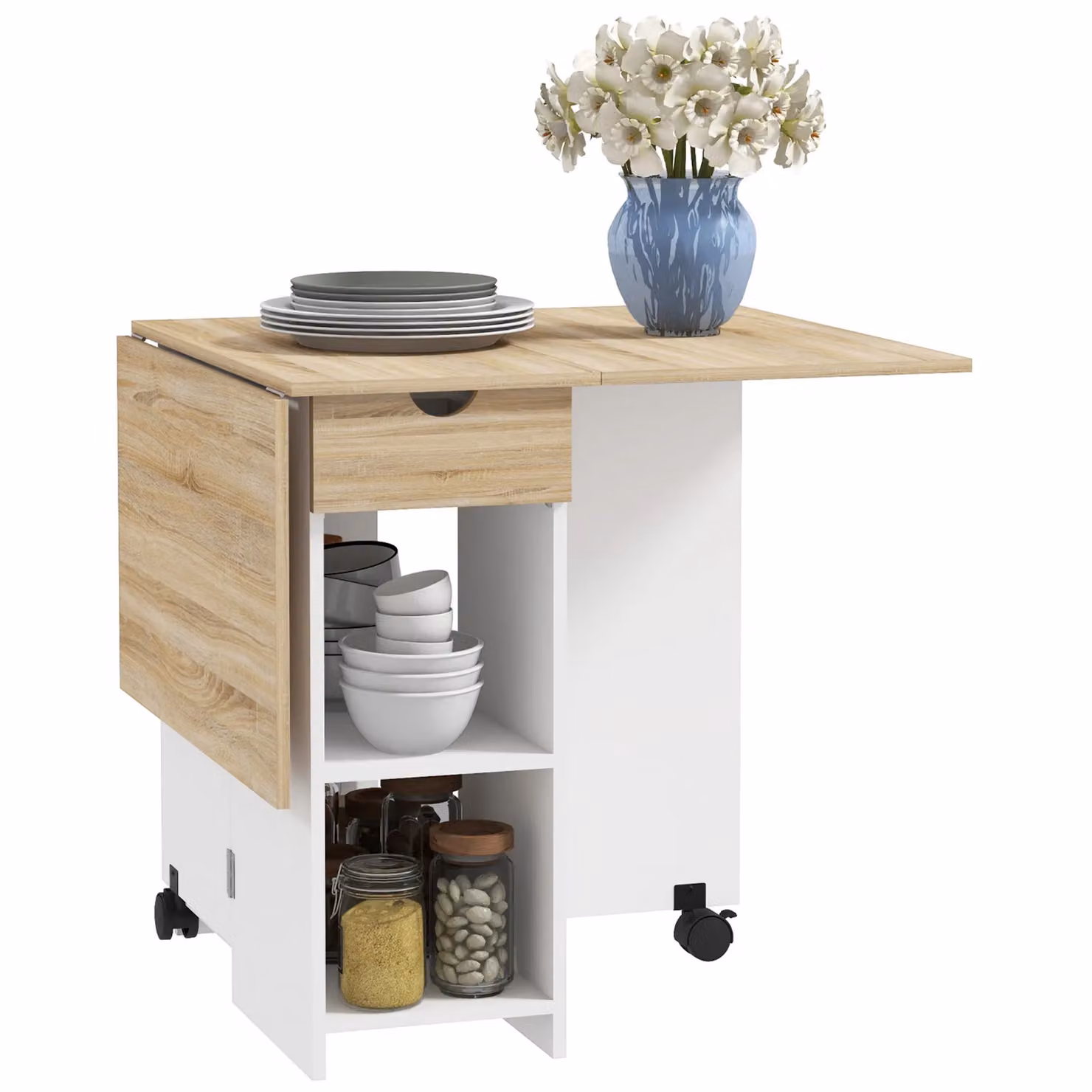 HOMCOM Foldable Drop Leaf Dining Table with Storage in White – 2