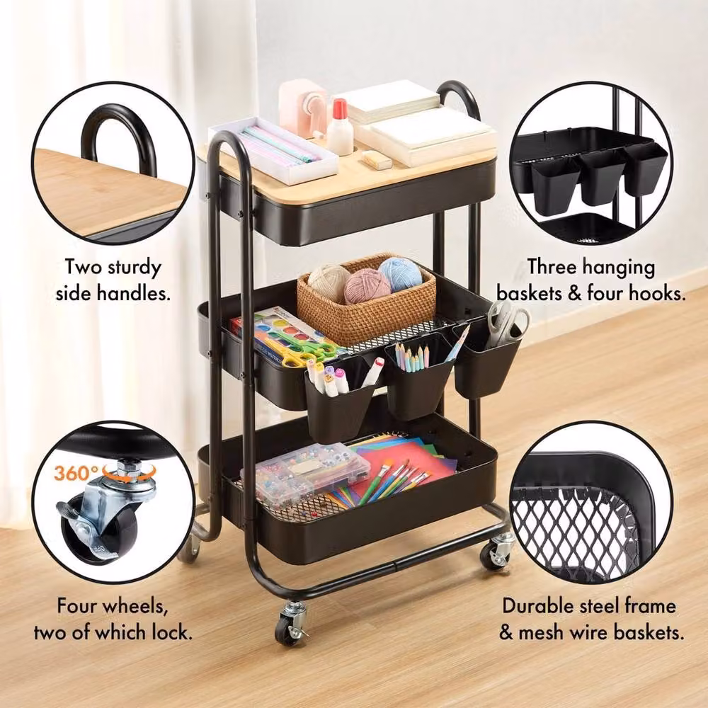 NESTLUNE Black 3 Tier Bathroom Storage Trolley with Wheels, W/D/H: 100 x 15 x 15 cm – 5