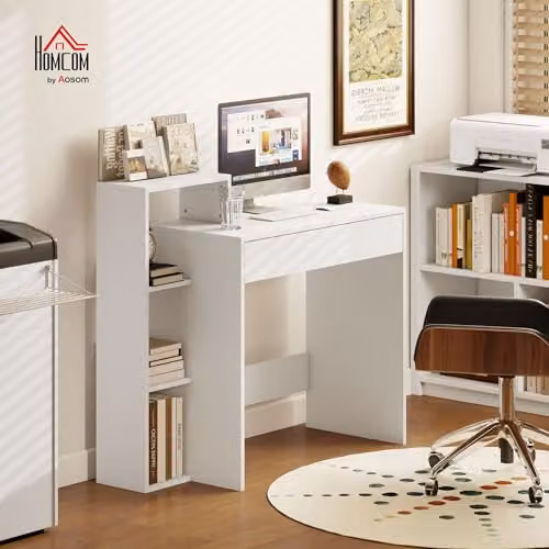 HOMCOM Modern White Computer Desk with Storage, W: 100 cm, D: 40 cm, H: 90 cm – 2