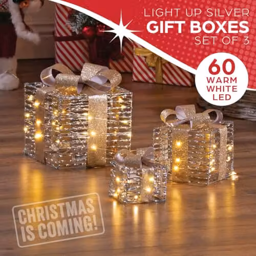 The Christmas Workshop Light-Up Gold and Silver Gift Box Set of 3 with Warm White LED Lights and Timer Function – 3