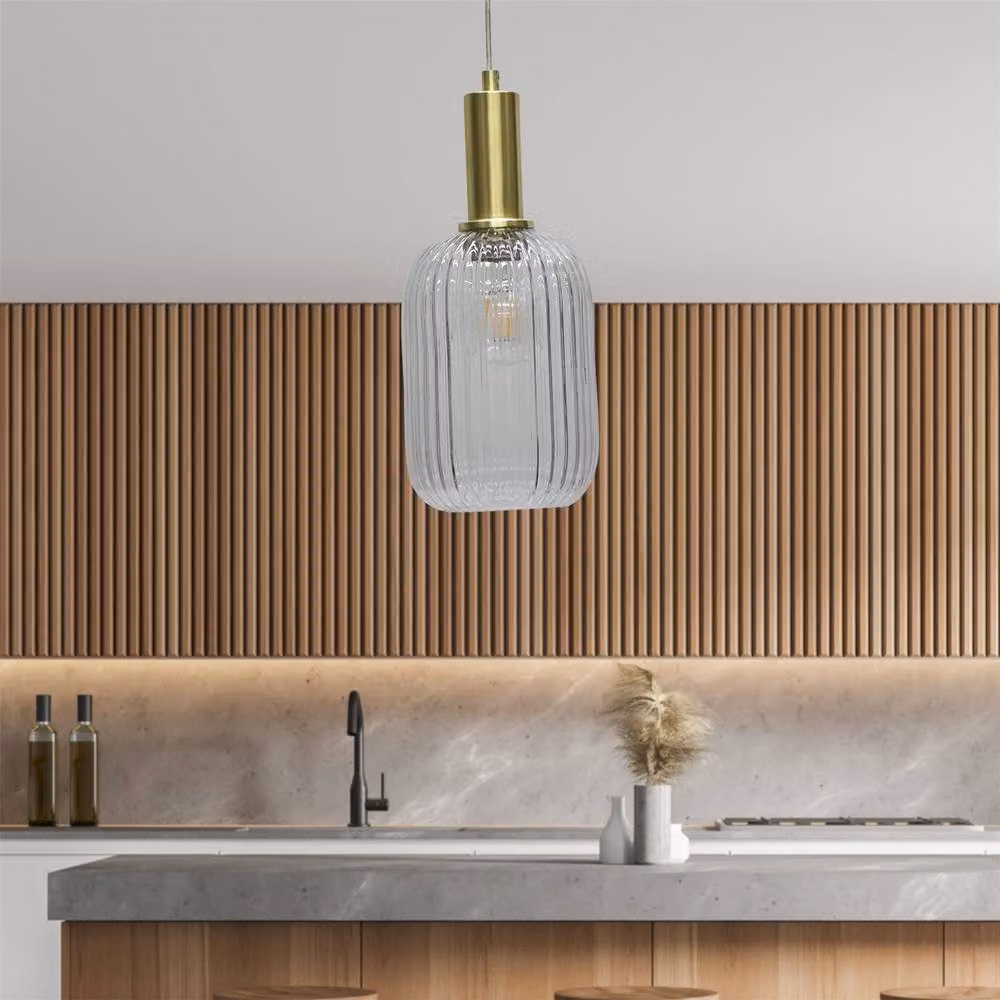 First Choice Lighting Batley Art Deco Pendant Fitting with Transparent Ribbed Glass and Gold Brass Finish – 2