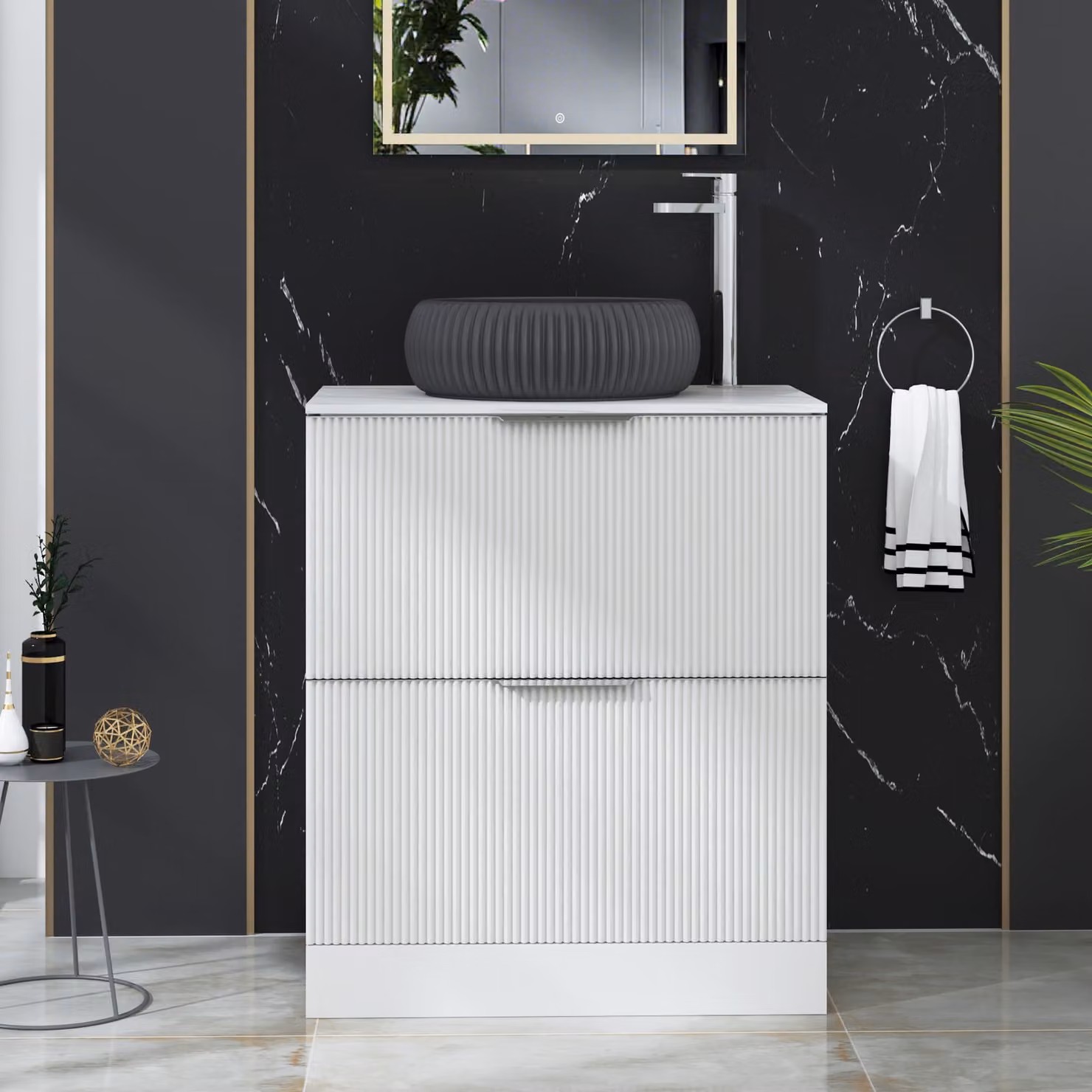 Royal Bathrooms Evora 700mm Matt White Fluted Floor Standing Countertop Vanity Unit with 2 Drawers and Milan Black Basin