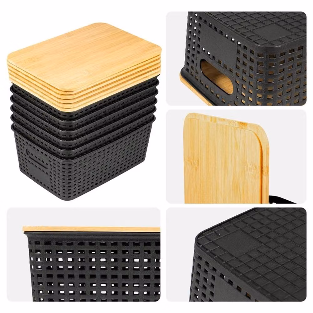 VOGREX 6 Piece Black Plastic Stackable Storage Bins with Bamboo Lids – 4