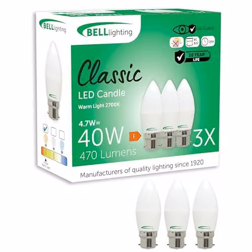 BELL Lighting B22 Bayonet LED Candle Bulbs, Warm White, Pack of 3 – 1