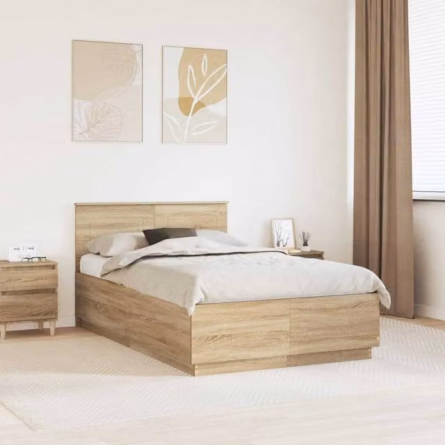 Berkfield Home Sonoma Oak Bed Frame in Brown with Under-Bed Lighting and USB Charging Port, W/D/H: 120 x 200 cm