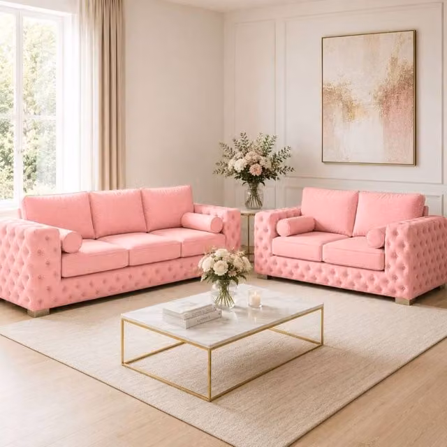 Stratus Interiors Ashley Full Back Chesterfield Upholstered Fabric 2 and 3 Seater Sofa Set in Light Pink – 1