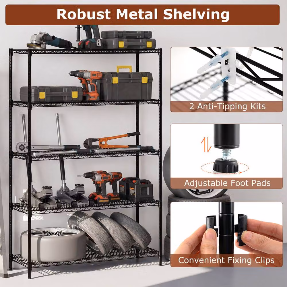 Gymax 5-Tier Adjustable Metal Wire Shelving Unit in Black – 5