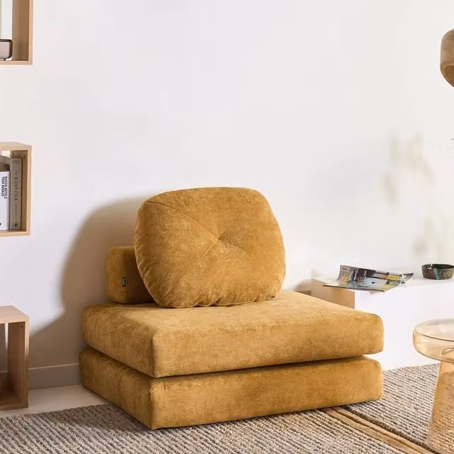 Wyld and Coco Convertible 1-Seater Sofa Pouffe in Yellow Mustard Chenille