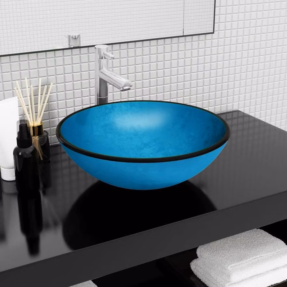 Berkfield Home Modern Tempered Glass Basin, Blue, W: 42 cm, D: 14 cm – 2