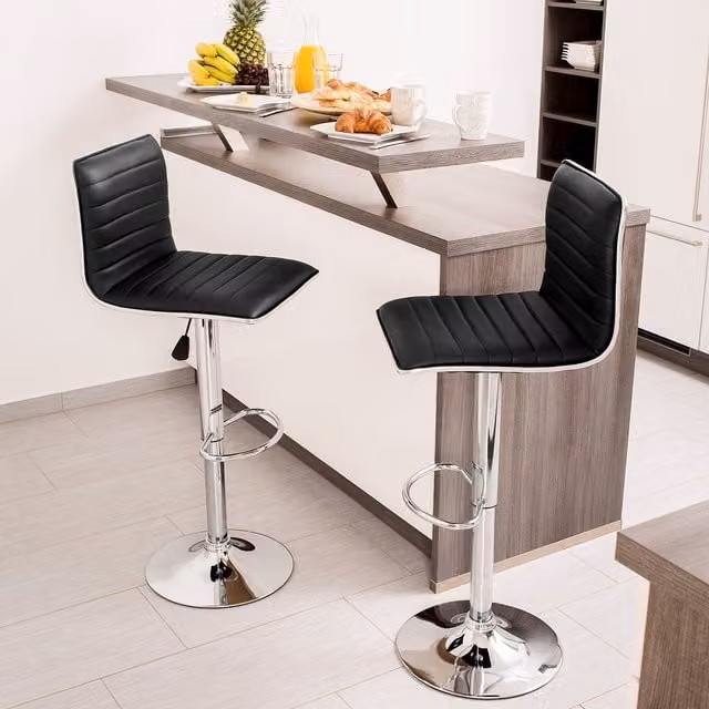 Set of 2 Tectake Johannes Black Synthetic Leather Swivel Bar Stools