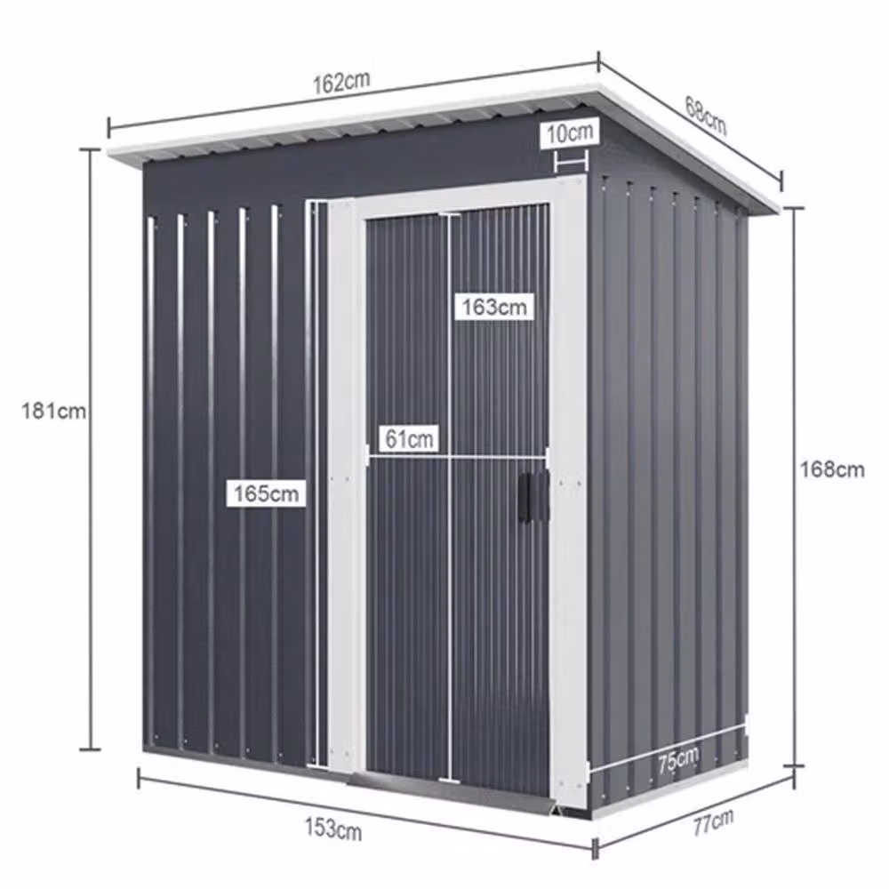 FLAVORA Grey Metal Pent Roof Garden Tool Box and Tall Cabinet with Double Doors, W: 100 cm, H: 181 cm, D: 15 cm – 2