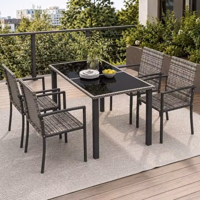 STILVORA 5-Piece Modern Dining Set with Grey Glossy Tempered Glass Rectangular Table and Powder Coated Steel Chairs – 1
