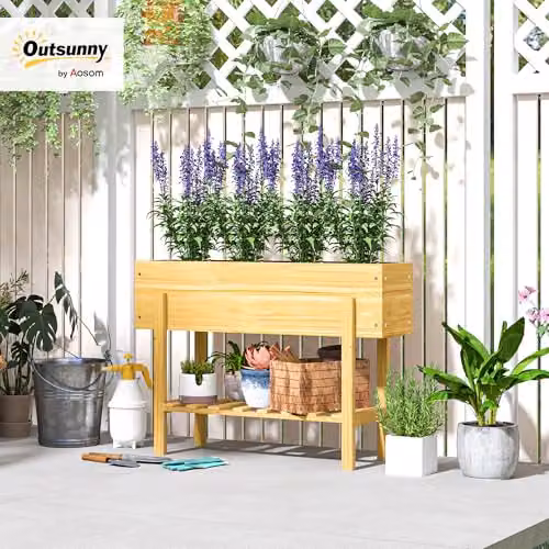 Outsunny Wooden Raised Garden Bed with Bed Liner and Storage Shelf, Brown, W: 100 cm, D: 30 cm, H: 71 cm – 2