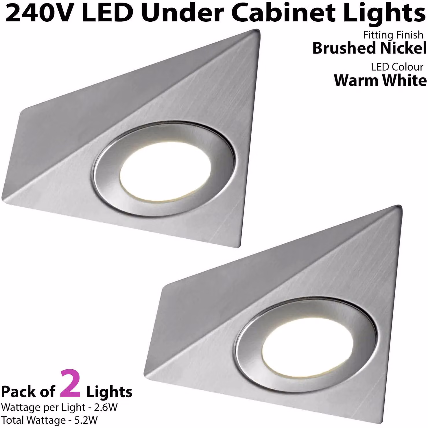 Loops 2-Pack Brushed Nickel Triangle LED Under Cabinet Kitchen Light Kit, Warm White, Surface Mounted – 2