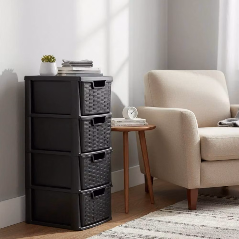 FLAVORA 2 Pack Black Rattan Effect 4-Tier Medium Drawer W/D/H: 100 x 100 x 100 cm – 4