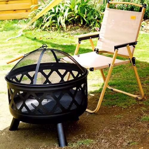 Gr8 Garden Black Steel Round Fire Bowl for Wood and Charcoal with Mesh Cover – 7