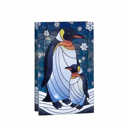 Samuel ALEXANDER Double Sided Stained Glass Mother and Baby Penguin Decoration with LED Lights, Multicolour, Height: 21 cm – 2