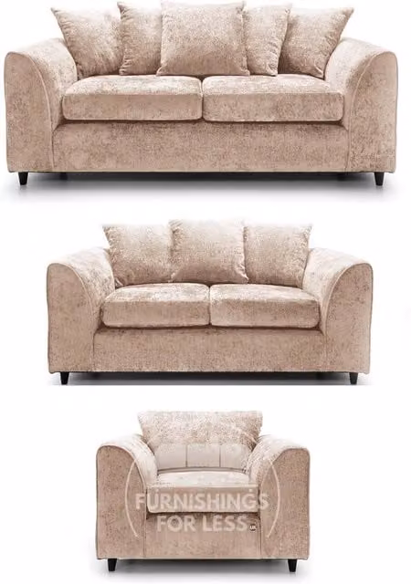 Furnishings For Less UK Monaco Chenille Fabric 3 Piece Sofa Suite in Beige, including 3 Seater Sofa, 2 Seater Sofa and Armchair with Scatter Back