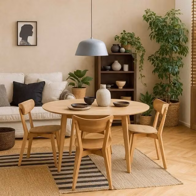 Wyld Haus Krakow 5 Piece Round Dining Set in Brown and Beige with Natural Oak Effect Table and 4 Chairs, Diameter: 105 cm, Height: 76 cm – 1