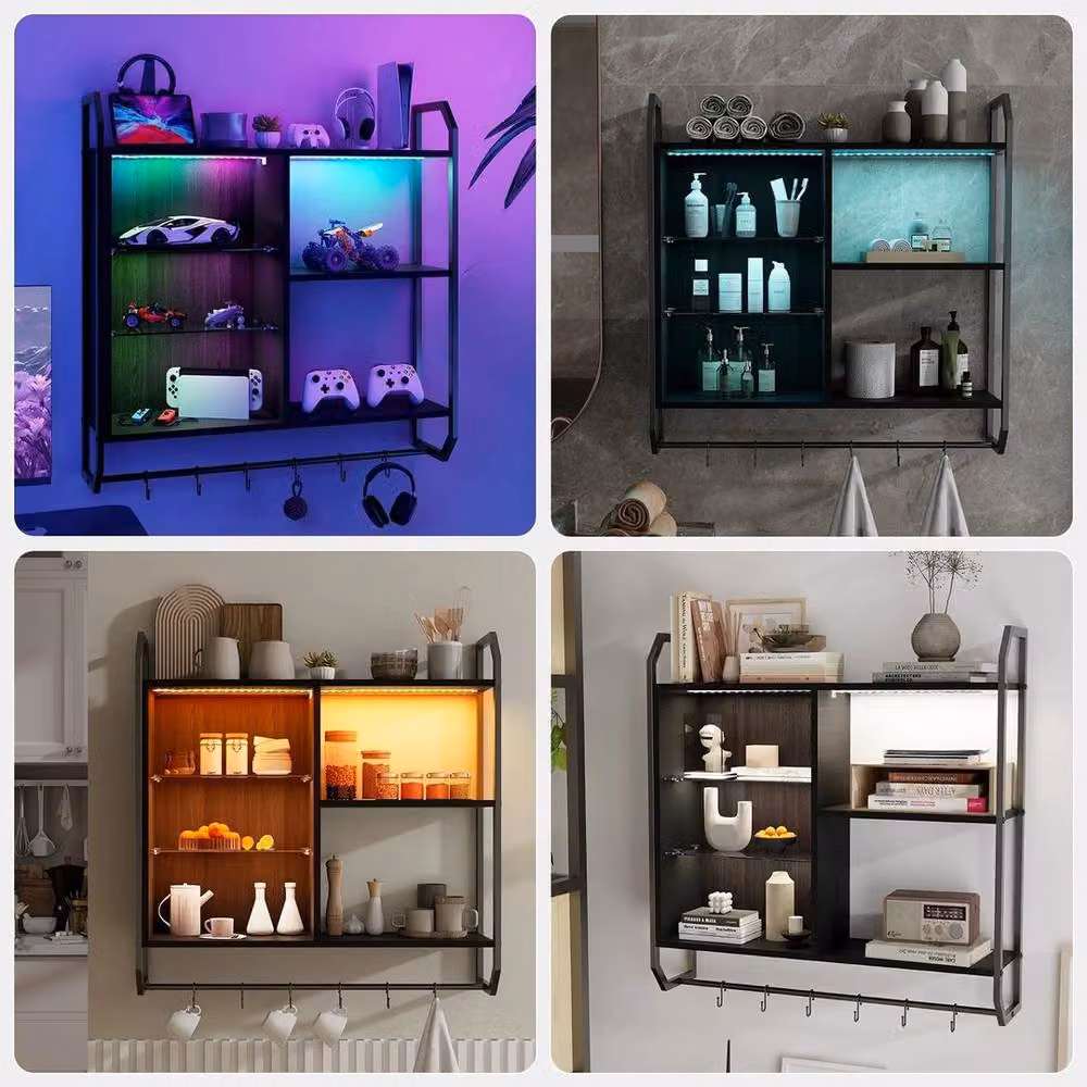 FLAVORA RGB Light Gaming Storage Rack, Wall Mounted Floating Shelf in Black, W: 100 cm, D: 15 cm – 4