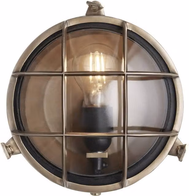 Industville Bulkhead Round Wall Light for Outdoor and Bathroom Use, Brass and Transparent Glass, Gold/Brass, Diameter: 20.32 cm