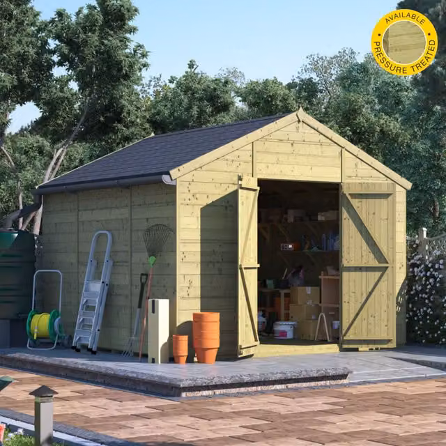 BillyOh Tongue and Groove Apex Wooden Workshop with Double Doors in Brown and Beige, 10x10 Ft