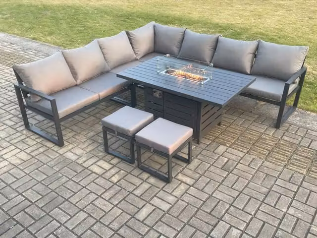 Fimous 9 Seater Aluminium Garden Furniture Set with Gas Fire Pit Dining Table and Footstools, Dark Grey