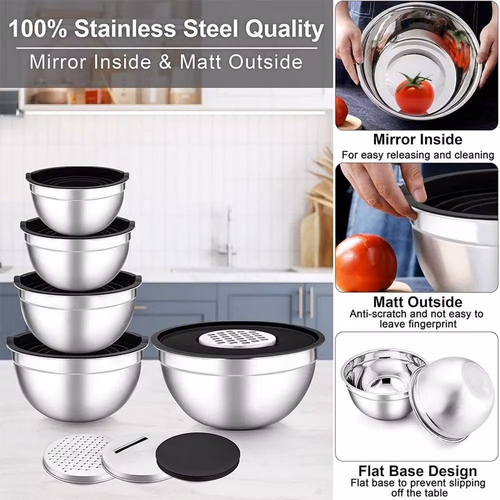 NESTLUNE Set of 5 Silver Stainless Steel Round Nesting Mixing Bowls – 5