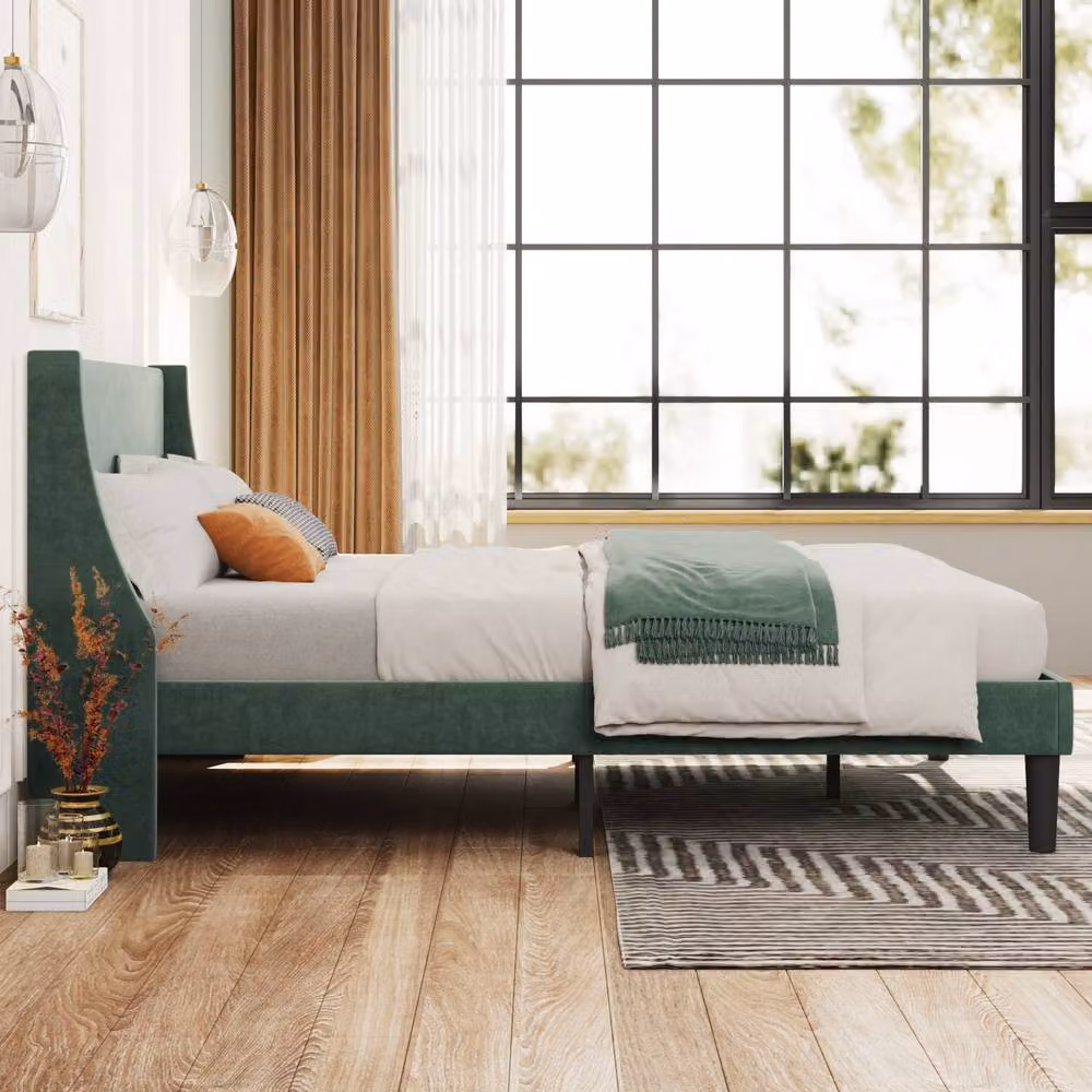 Matteo Single Velvet Bed with Winged Headboard in Green – 2