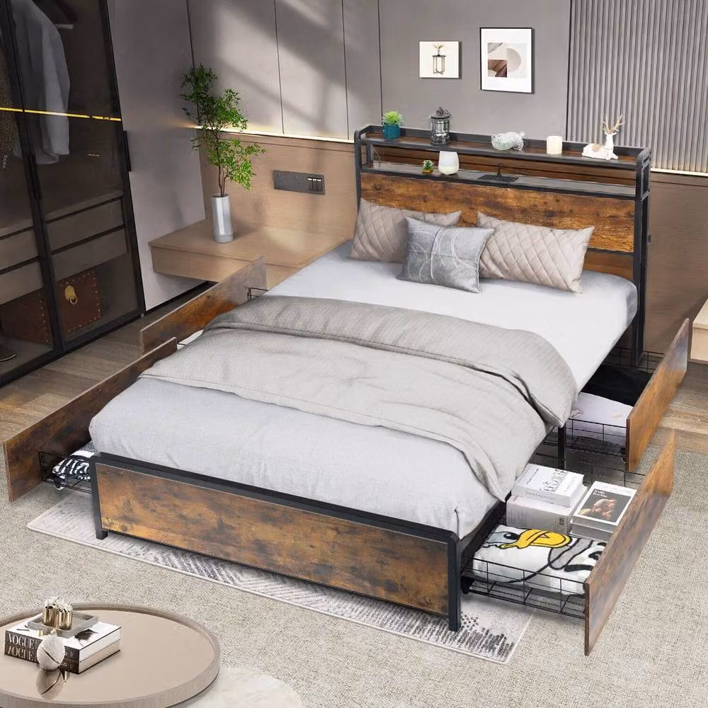 PAWNORA Metal Double Bed Frame with Side Compartments and USB Charging Ports in Brown, W/D/H: 140 x 200 cm – 4