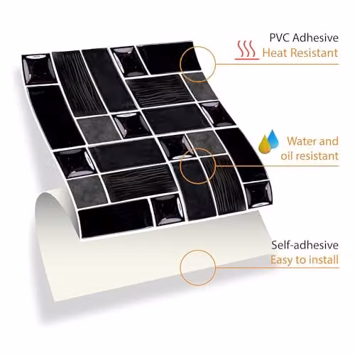 WALPLUS Black Glossy Self Adhesive Mosaic Tile Transfers for Kitchen and Bathroom, W/D/H: 15 x 15 x 0.1 cm – 7