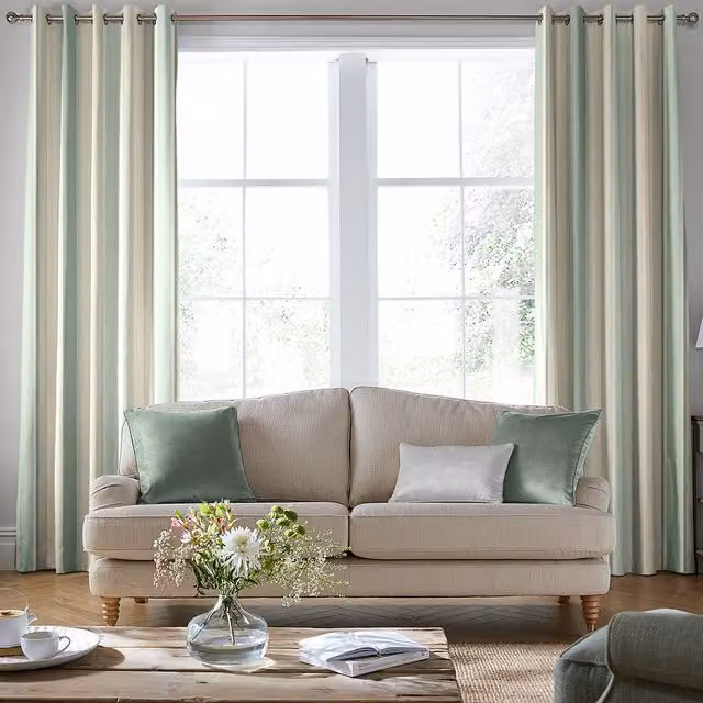 Laura Ashley Made To Measure Blackout Eyelet Curtains in Smoke Green Striped Fabric