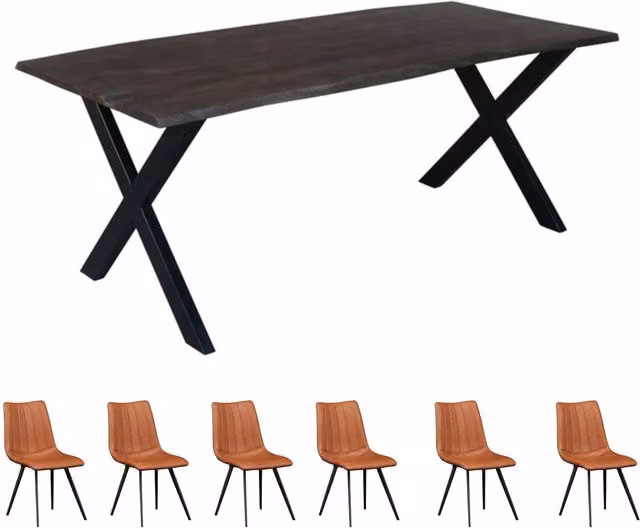 IH Design Live Edge Acacia Wood and Metal Rectangular Dining Table Set with 6 Chairs in Grey and Brown