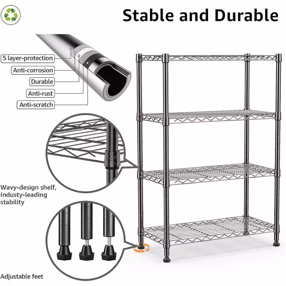 KORVIXA 2 Piece Set of 4 Tier Adjustable Metal Wire Shelving Units in Black – 4