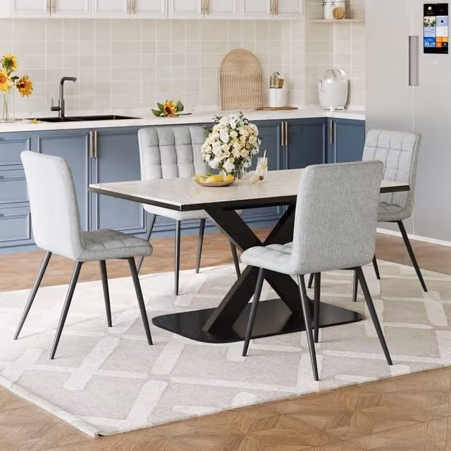 Livingandhome Set of 4 Grey Fabric Upholstered Armless Dining Chairs with Metal Frames