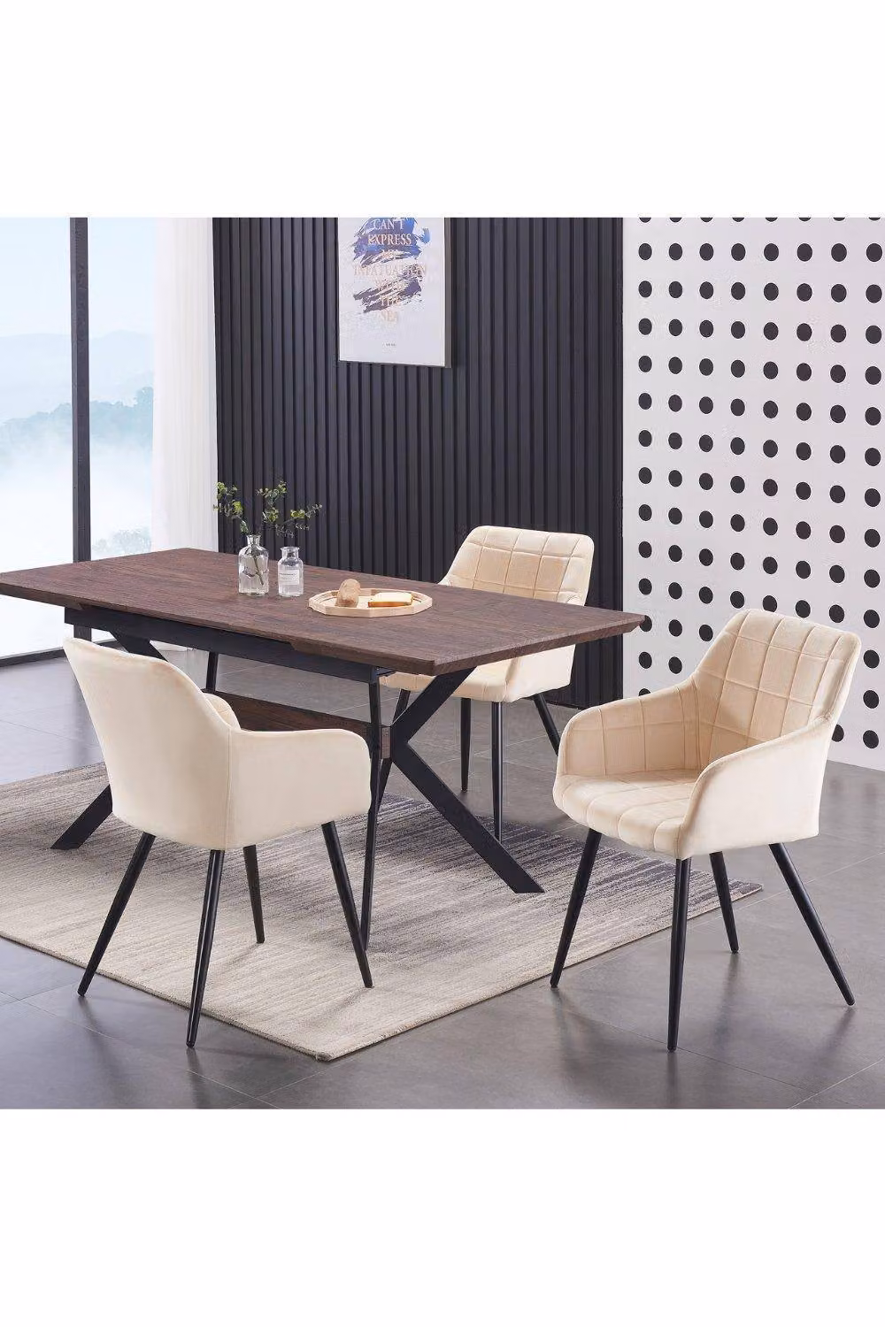 Life Interiors Set of 2 Camden Modern Velvet Dining Chairs with Armrests and Black Metal Legs in Cream – 3