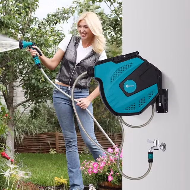 DURHAND Manual Automatic Water Hose Reel, 15m, Black and Green