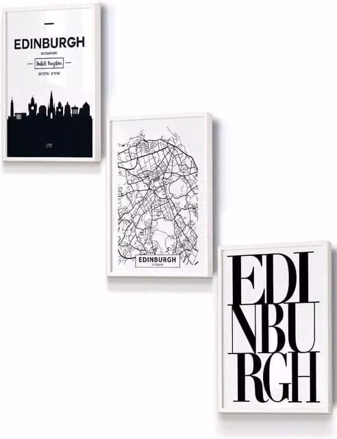 ARTZE Edinburgh Skyline Street Map City Print Framed Wall Art in White, W: 33 cm, H: 45 cm, D: 20 mm