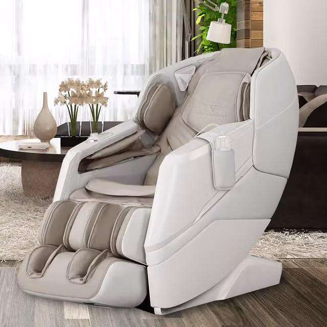 Vcomfort Dreamliner 4D Hyperbolic Massage Chair in Beige and White Synthetic Leather