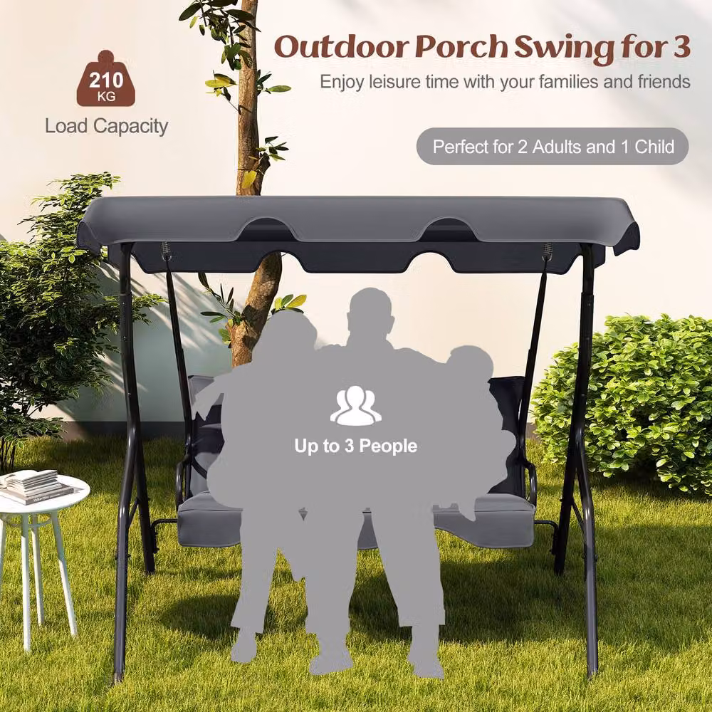 Gymax 3-Seater Canopy Swing Chair with Weatherproof Cushions in Grey – 4