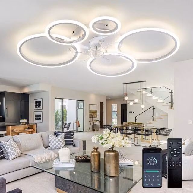 NIVOR 5 Ring LED Ceiling Fan with Dimmable Light and Remote Control, White