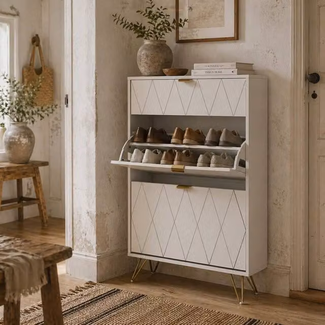 Wyld Haus Molari Doha Narrow White Shoe Cabinet with 2 Tilting Drawers, H 117 x W 62 x D 24 cm