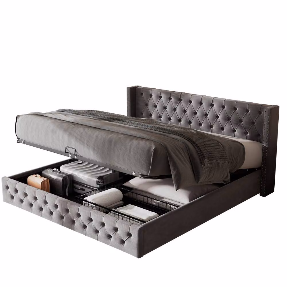 ModernLuxe Grey Velvet Upholstered King Bed with Hydraulic Lift-Up Storage and Headboard, W: 150 cm, D: 200 cm – 7